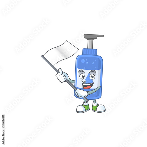 Cute cartoon character of handsanitizer holding white flag