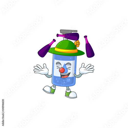mascot cartoon style of handsanitizer playing Juggling on stage