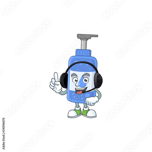 Handsanitizer cartoon character style speaking on headphone