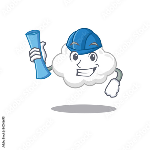 Cartoon character of white cloud brainy Architect with blue prints and blue helmet