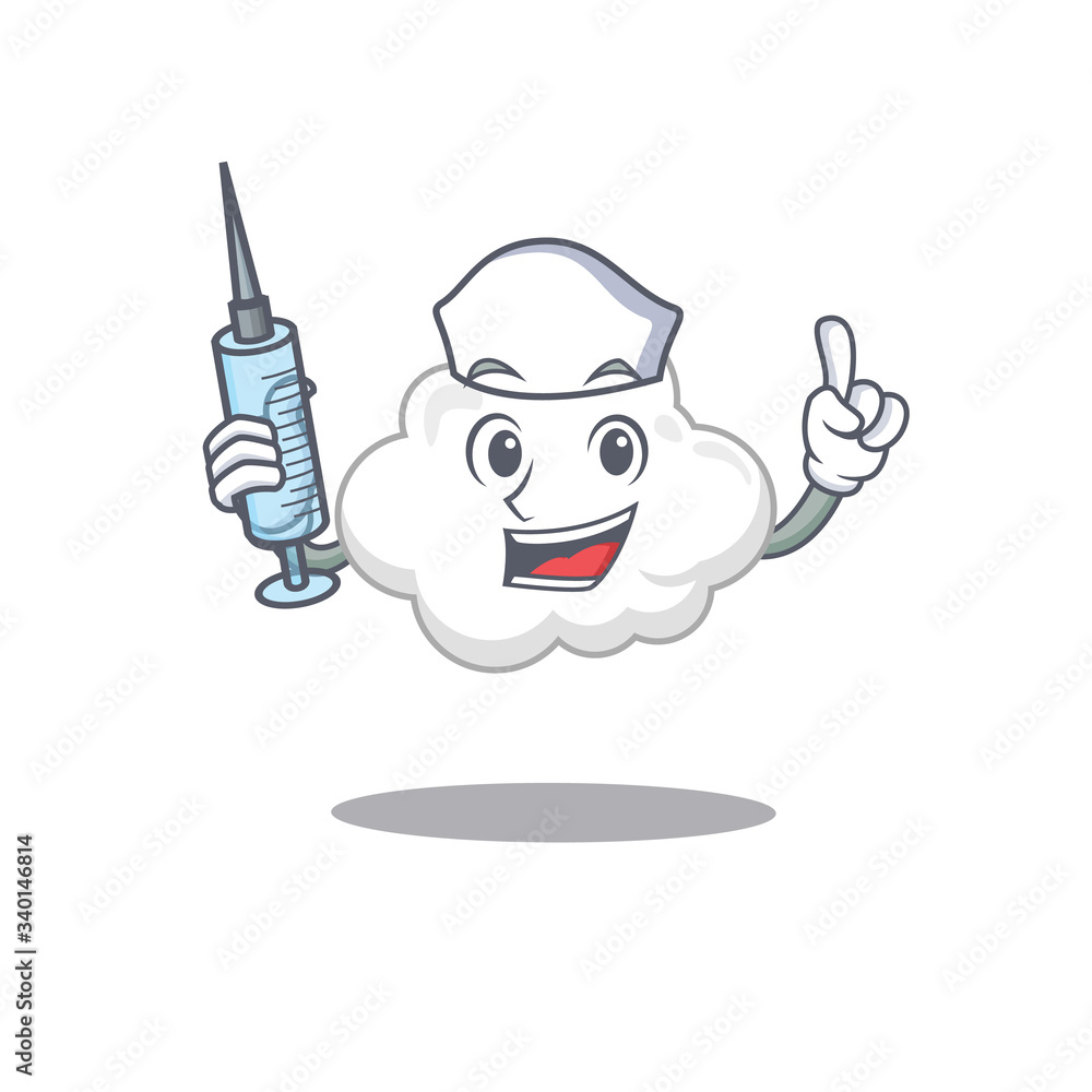 A nice nurse of white cloud mascot design concept with a syringe