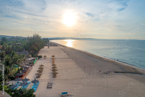 Aerial view of dawn on the Mui Ne beach, Phan Thiet, Binh Thuan, Vietnam.