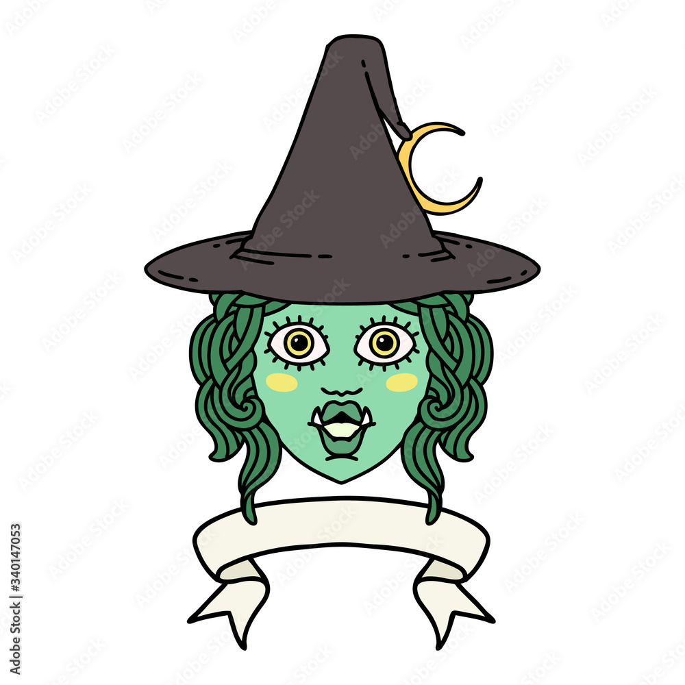 half orc witch character face with banner illustration half orc witch character face with banner illustration