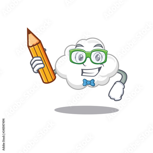 A brainy student white cloud cartoon character with pencil and glasses