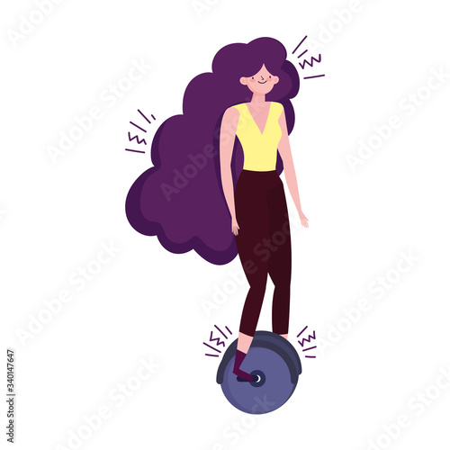 young woman riding unicycle transport isolated icon design