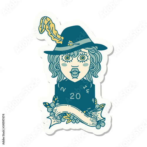 human bard with natural 20 dice roll sticker