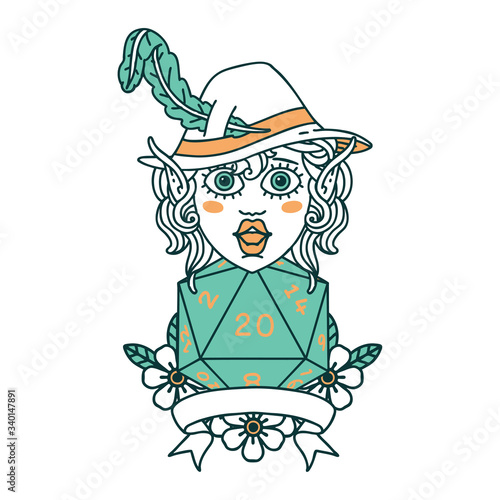 elf bard with natural twenty dice roll illustration