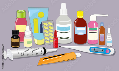 The flat pattern of the drugs. Medical tablets and vials.Thermometer to measure body temperature. Pharmacy. The concept of medical care . Vector