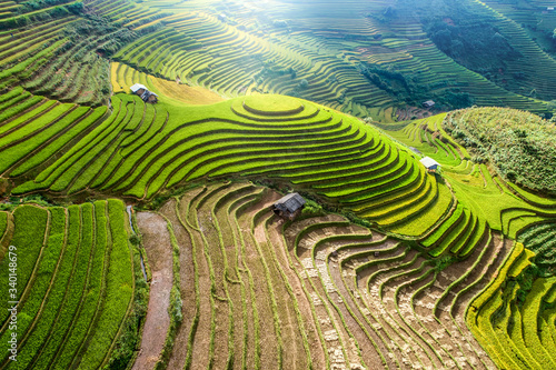 Beautiful step of rice terrace paddle field in sunset and dawn at Mam Xoi hil...