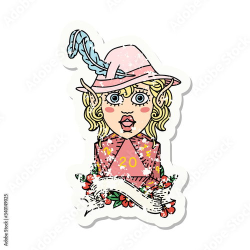 elf bard with natural twenty dice roll grunge sticker