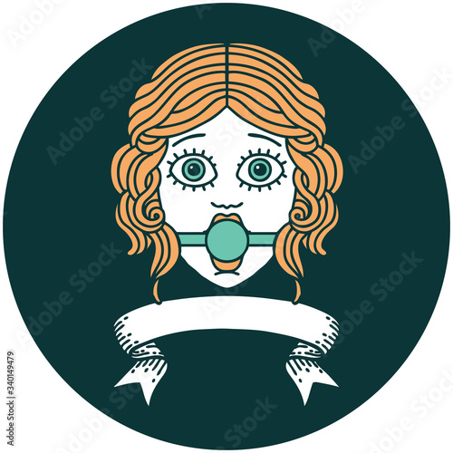 icon with banner of female face with ball gag