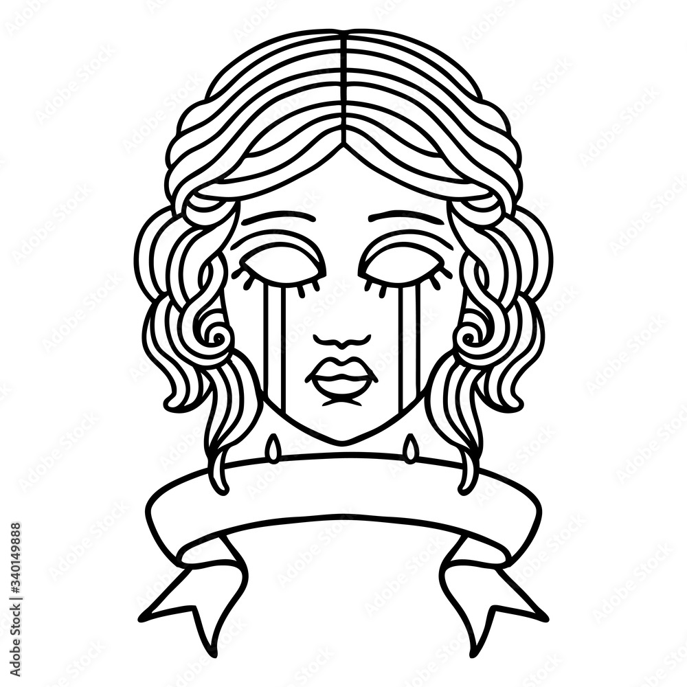 black linework tattoo with banner of female face crying black linework tattoo with banner of female face crying