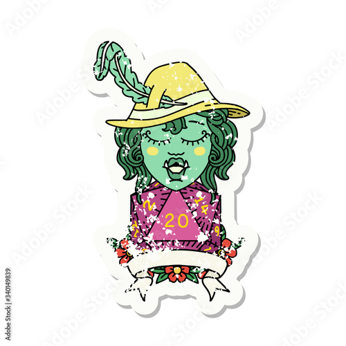 half orc bard with natural 20 dice roll illustration