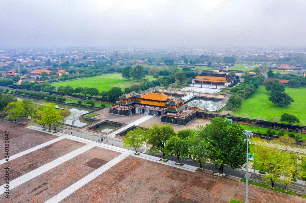 Wonderful view of the “ Meridian Gate Hue “ to the Imperial City with the Purple Forbidden City within the Citadel in Hue, Vietnam. Imperial Royal Palace of Nguyen dynasty in Hue. Aerial view.