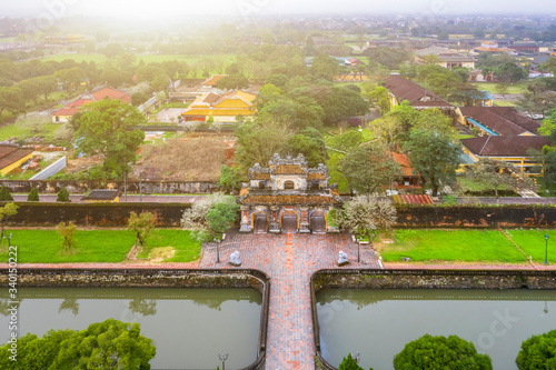 Wonderful view of the “ Meridian Gate Hue “ to the Imperial City with the Purple Forbidden City within the Citadel in Hue, Vietnam. Imperial Royal Palace of Nguyen dynasty in Hue. Hien Nhon gate photo