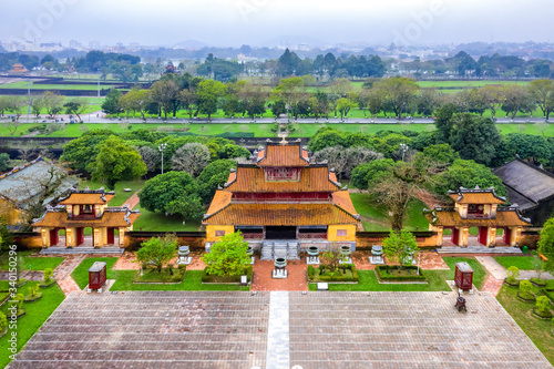 Wonderful view of the     Meridian Gate Hue     to the Imperial City with the Purple Forbidden City within the Citadel in Hue  Vietnam. Imperial Royal Palace of Nguyen dynasty in Hue. The To Mieu house