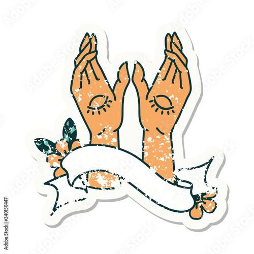 grunge sticker with banner of mystic hands