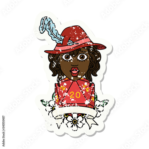 human bard character with natural 20 dice roll illustration