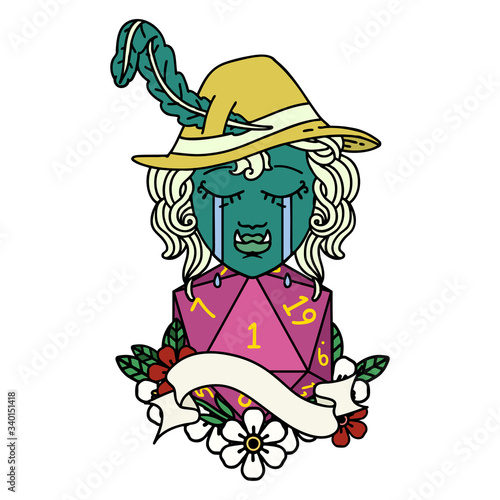 crying orc bard character with natural one D20 roll illustration
