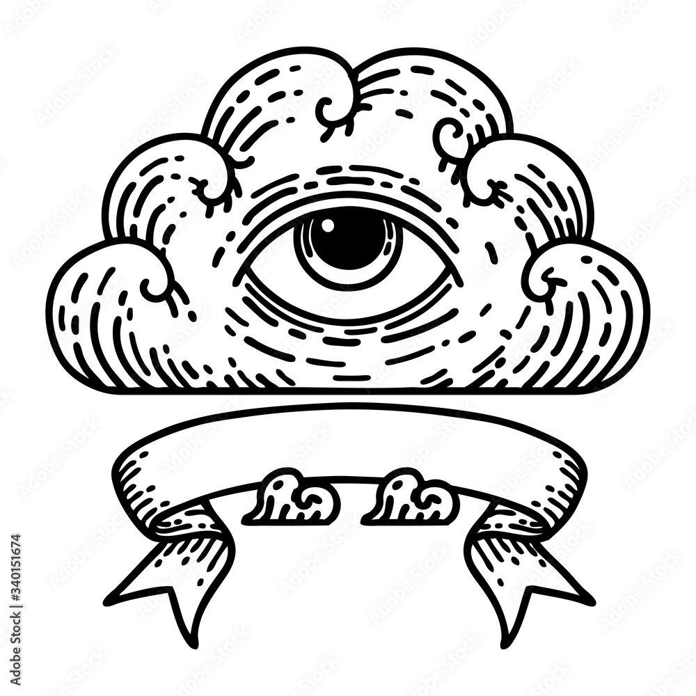 black linework tattoo with banner of an all seeing eye cloud