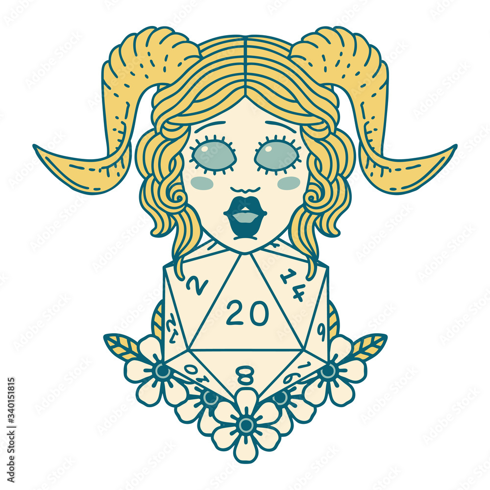 tiefling with natural twenty dice roll illustration tiefling with natural twenty dice roll illustration