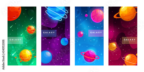 Stories template. Set of space background with cartoon fantasy planets. Mobile backdrop. Fantasy planets. Colorful universe. Game design. Fantasy space planets for ui galaxy game.