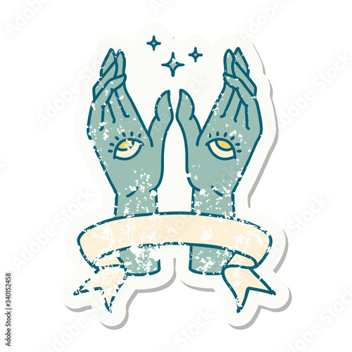 grunge sticker with banner of mystic hands