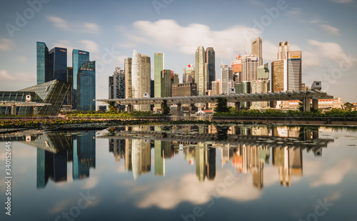 Singapore  Marina bay 2020 early morning at  ArtScience Museum lotus pond over look to central business district with perfect reflections 
