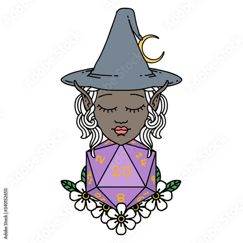 elf mage character with natural twenty dice roll illustration
