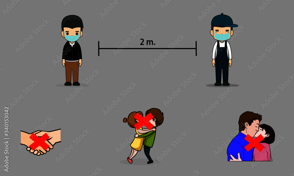 Measures to prevent the spread of corona virus (Covid-19).Keeping a distance of about 2 meters.Should not greet by holding hands,embrace,and kissing. Measures to prevent the spread of corona virus (Covid-19).Keeping a distance of about 2 meters.Should not greet by holding hands,embrace,and kissing.