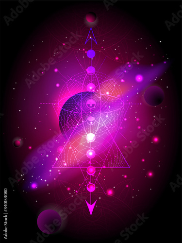 Vector illustration of Sacred geometric symbol against the space background with planets and stars.