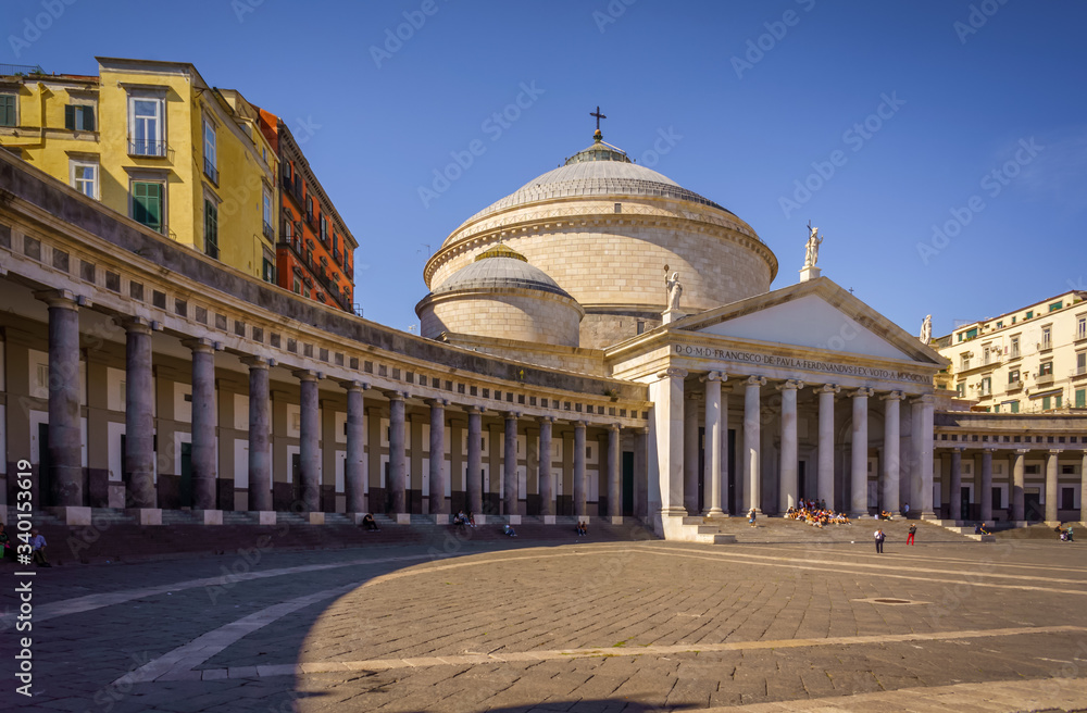 Naples, Italy - Piazza del Plebiscito, historical centre of Naples city. Once a royal palace - now opera house, the church and one of the best coffee  and pastry shops in Italy