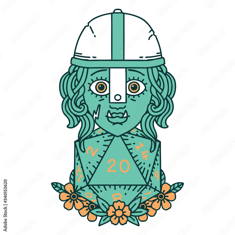 half orc fighter character with natural twenty dice roll illustration half orc fighter character with natural twenty dice roll illustration
