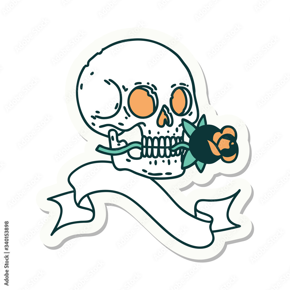 tattoo sticker with banner of a skull and rose