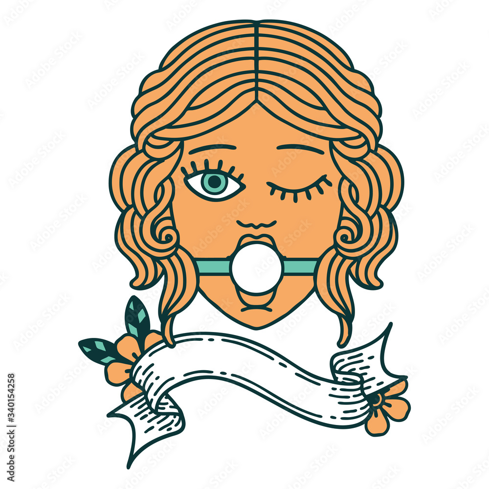 tattoo with banner of winking female face with ball gag tattoo with banner of winking female face with ball gag