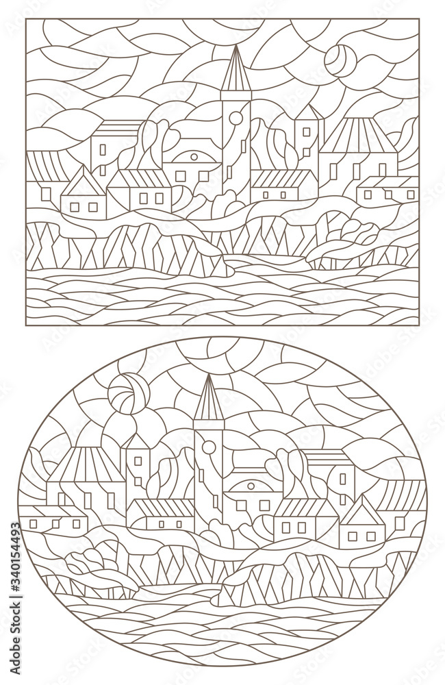 Set contour illustrations of the stained glass Windows with city scenery, dark contours on a white background Set contour illustrations of the stained glass Windows with city scenery, dark contours on a white background