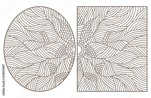 Set of contour illustrations of stained glass Windows with abstract flowers, oval  and square images, dark outlines on white background