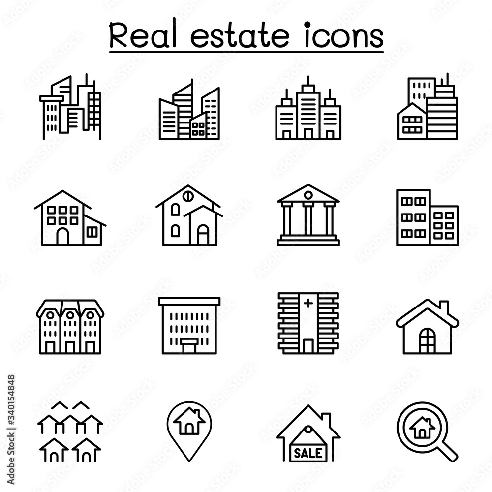 Real estate, building icon set in thin line style