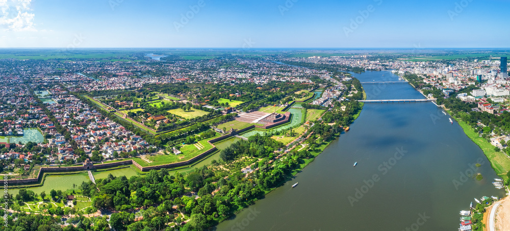 Fototapeta premium Aerial view of the Hue Citadel in Vietnam. Imperial Palace moat,Emperor palace complex, Hue Province, Vietnam