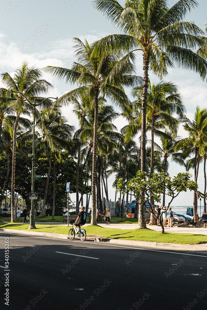 Waikiki, Honolulu - August 27th 2019: The view from Kalakaua Ave of people enjoying the beautiful sunny Waikiki Beach in the morning.