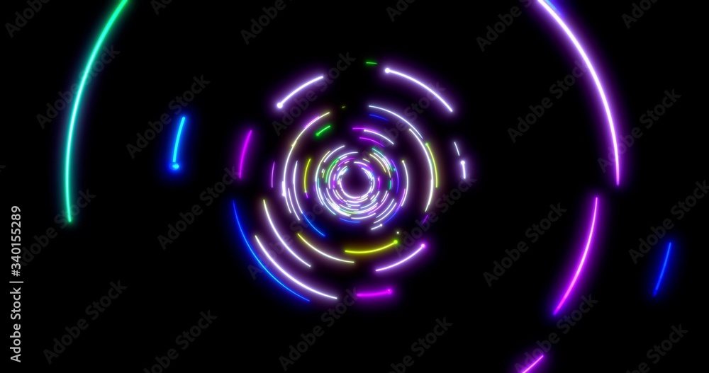 Glowing neon lines tunnel. Blue red pink and violet colorful lighting. Seamless 3D rendering for night club. 3D illustration