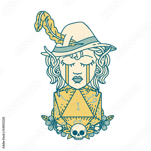 crying elf bard character with natural one D20 roll illustration