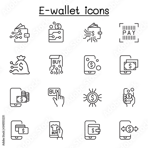 E-wallet, digital money, mobile banking icon set in thin line style