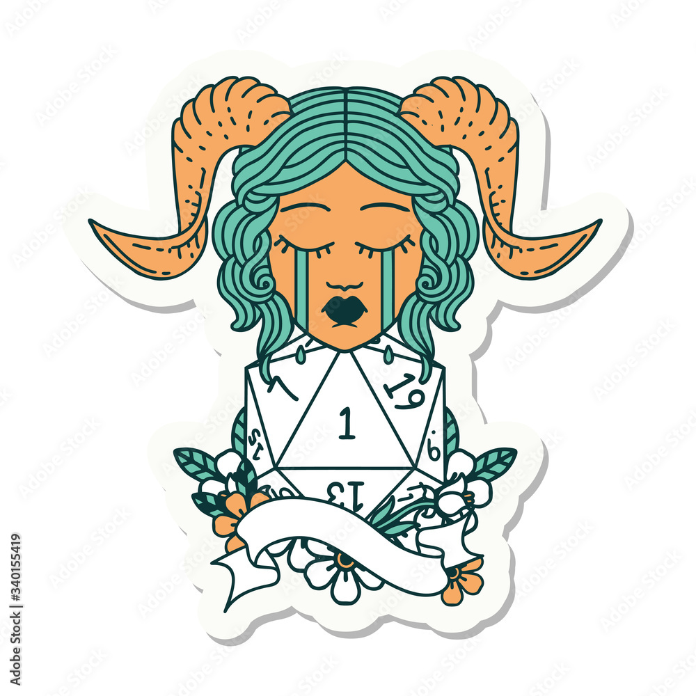 crying tiefling with natural one D20 roll sticker crying tiefling with natural one D20 roll sticker