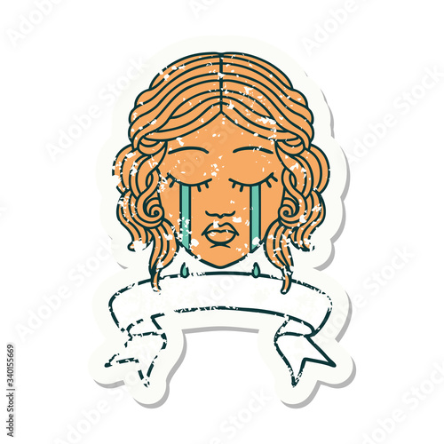 grunge sticker with banner of female face crying
