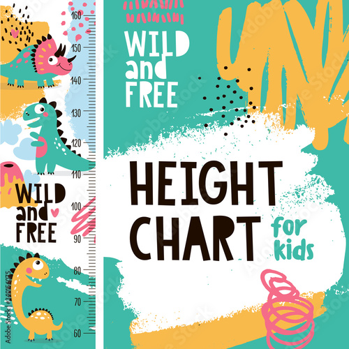 Cute animal vector height chart meter for kds with dinosaurs, volcano and various graphic elements