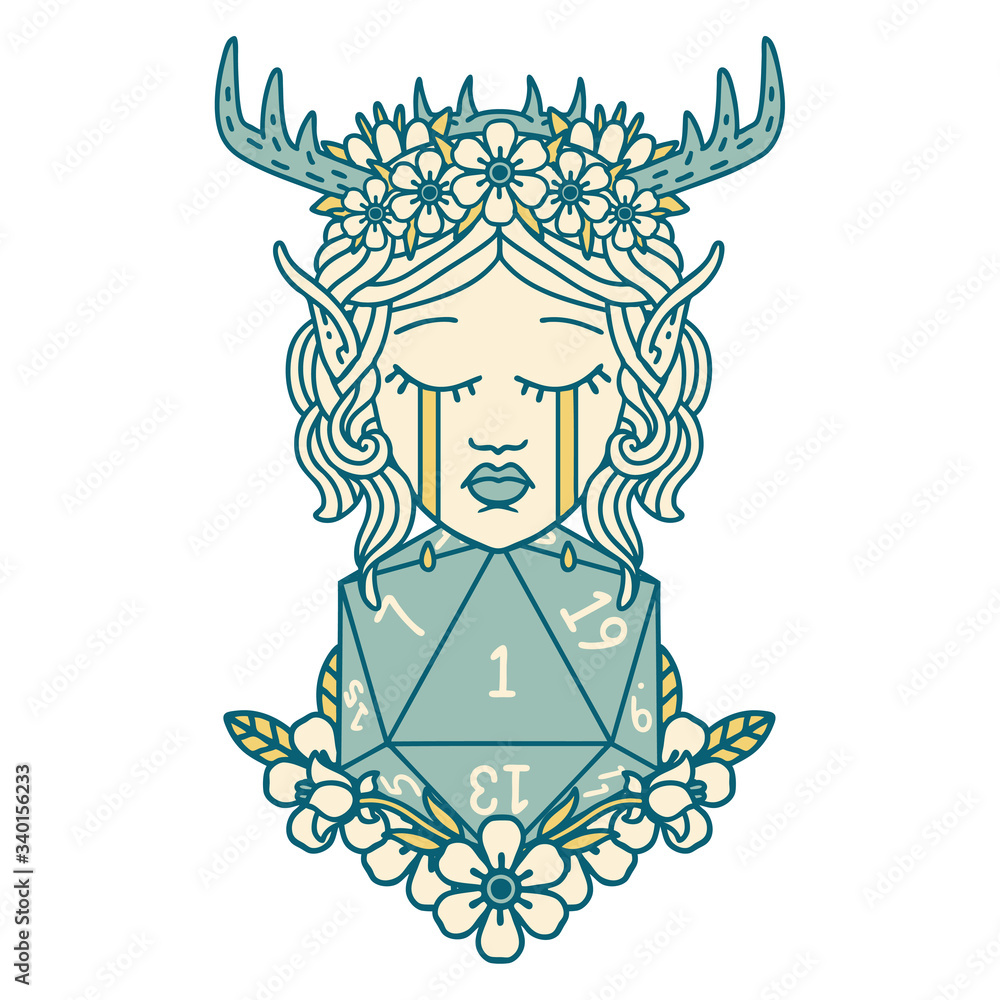 crying elf druid character face with natural one D20 roll illustration crying elf druid character face with natural one D20 roll illustration