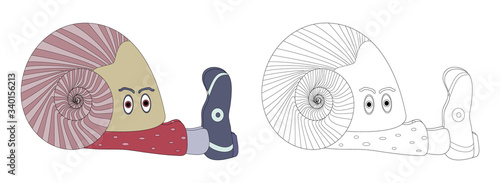 Man snail stayed home during coronavirus outbreak. COVID-19 prevention. Self isolation. Coloring page. House snail shell. Vector illustration isolated on white background. Design for T-shirt, banner.