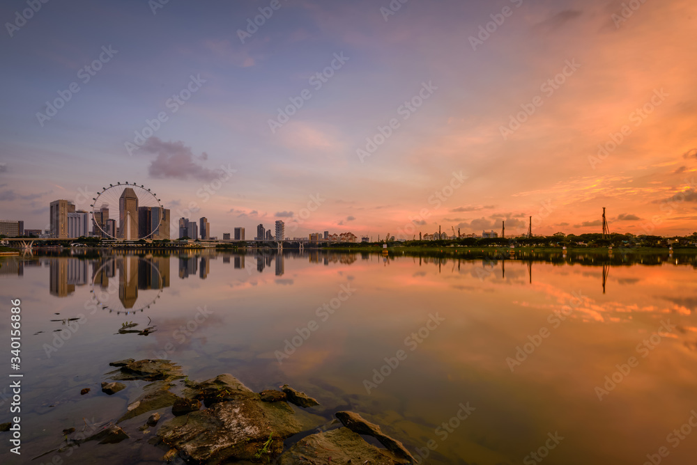 Singapore 2018, Dawn at Marina Bay bank near Marina Barrage overlook to Central business district