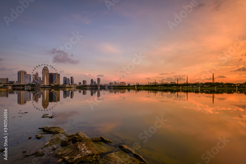 Singapore 2018  Dawn at Marina Bay bank near Marina Barrage overlook to Central business district